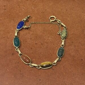 VINTAGE AC 12K GOLD FILLED SEMIPRECIOUS STONE CARVED SCARAB BRACET 7"